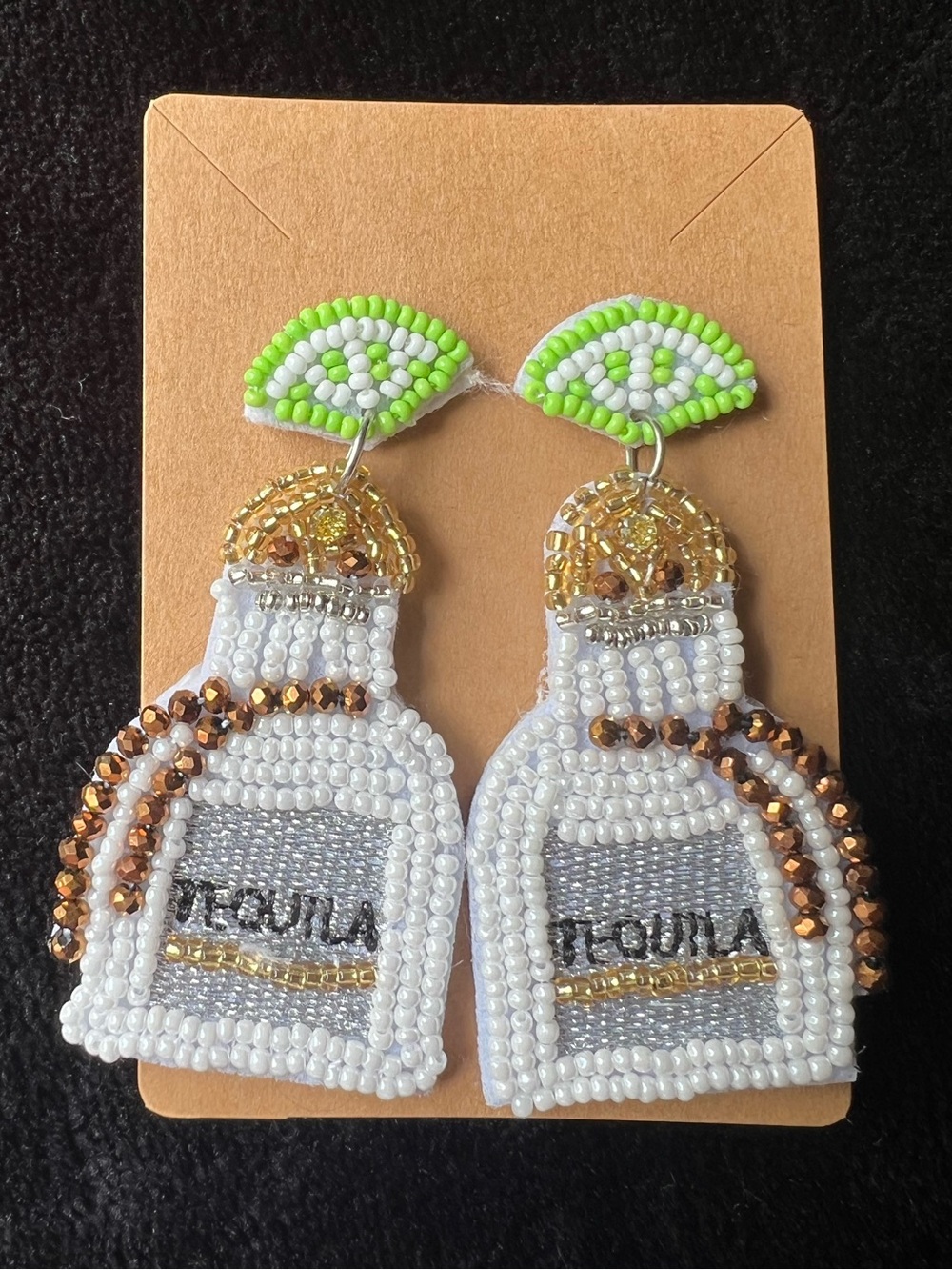Beaded Tequila Bottle Statement Earrings in White, Gold, & Lime
